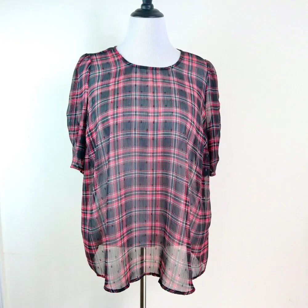 Torrid Size 0 / L Chiffon Lurex Ruched Sleeve Blouse Plaid Red Black